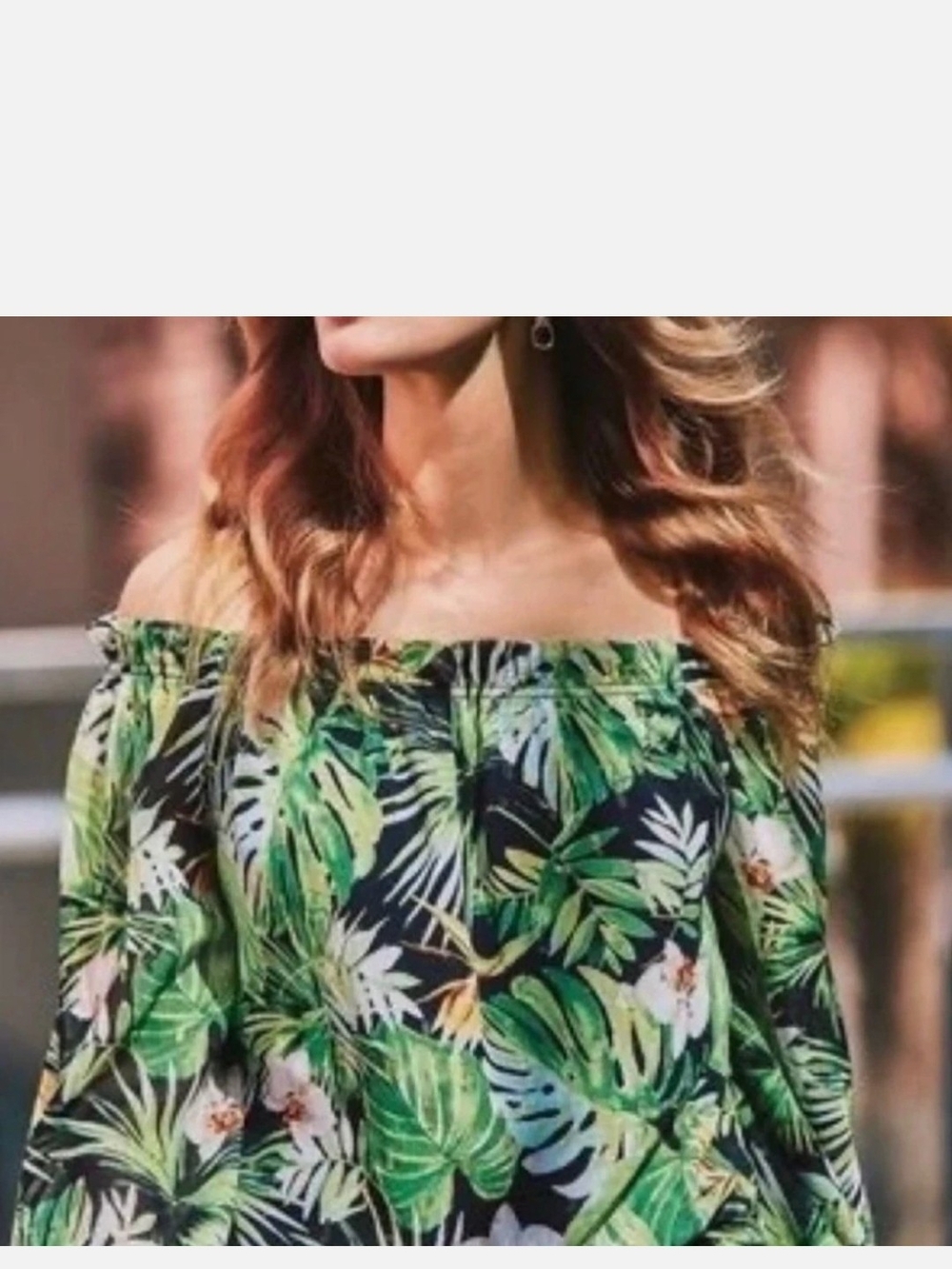 White House Black Market Black Off-Shoulder Tropical Leaf Print Top